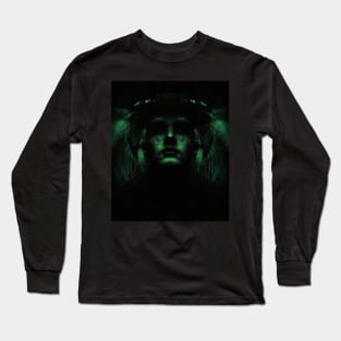 Portrait, digital collage, special processing. Dark, strong. Guy face looking up high. Fantasy. Green. Long Sleeve T-Shirt